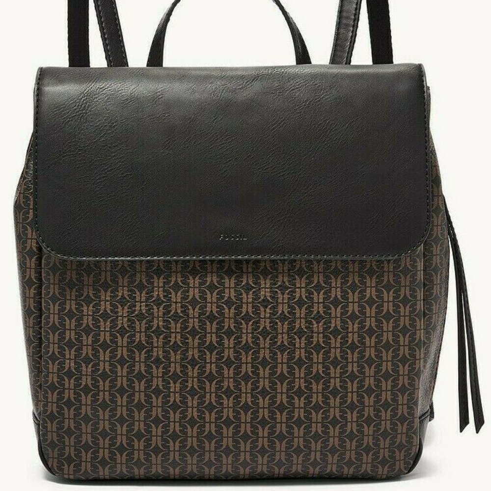 Fossil Claire Black Brown Signature Flap Backpack Bag